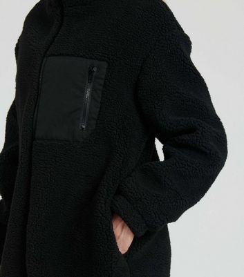 South Beach Black Borg Contrast Coat New Look