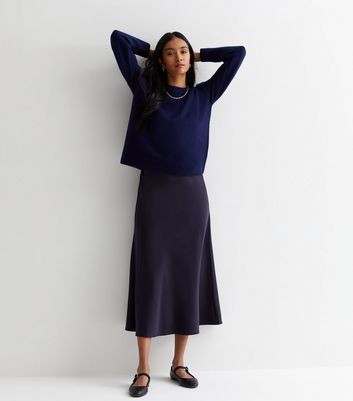Blue Vanilla Navy Satin Bias Cut Midi Skirt New Look