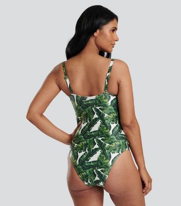 South Beach Green Leaf Print Twist Swimsuit New Look