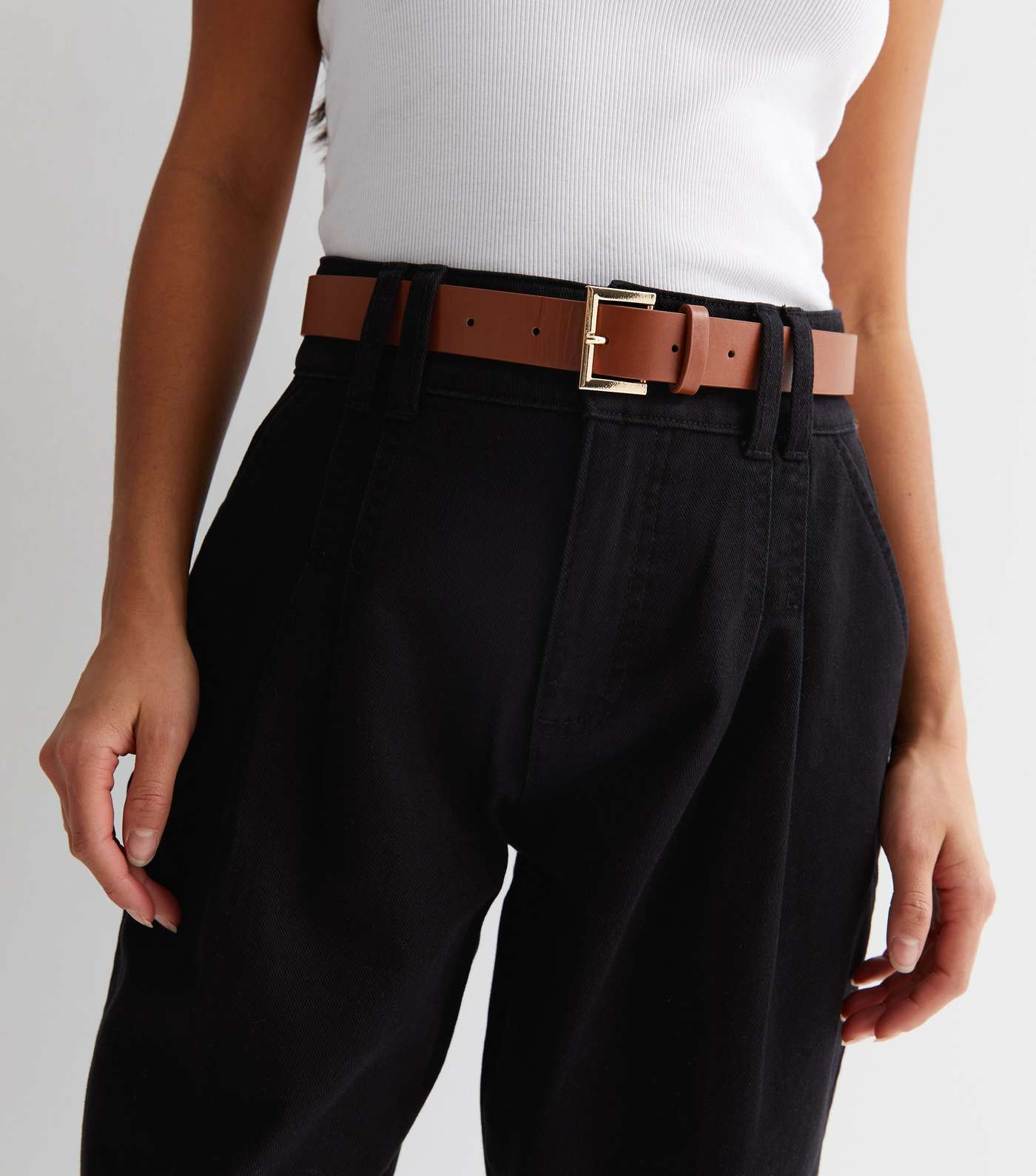 Petite Black Cotton Belted Crop Trousers Image 3