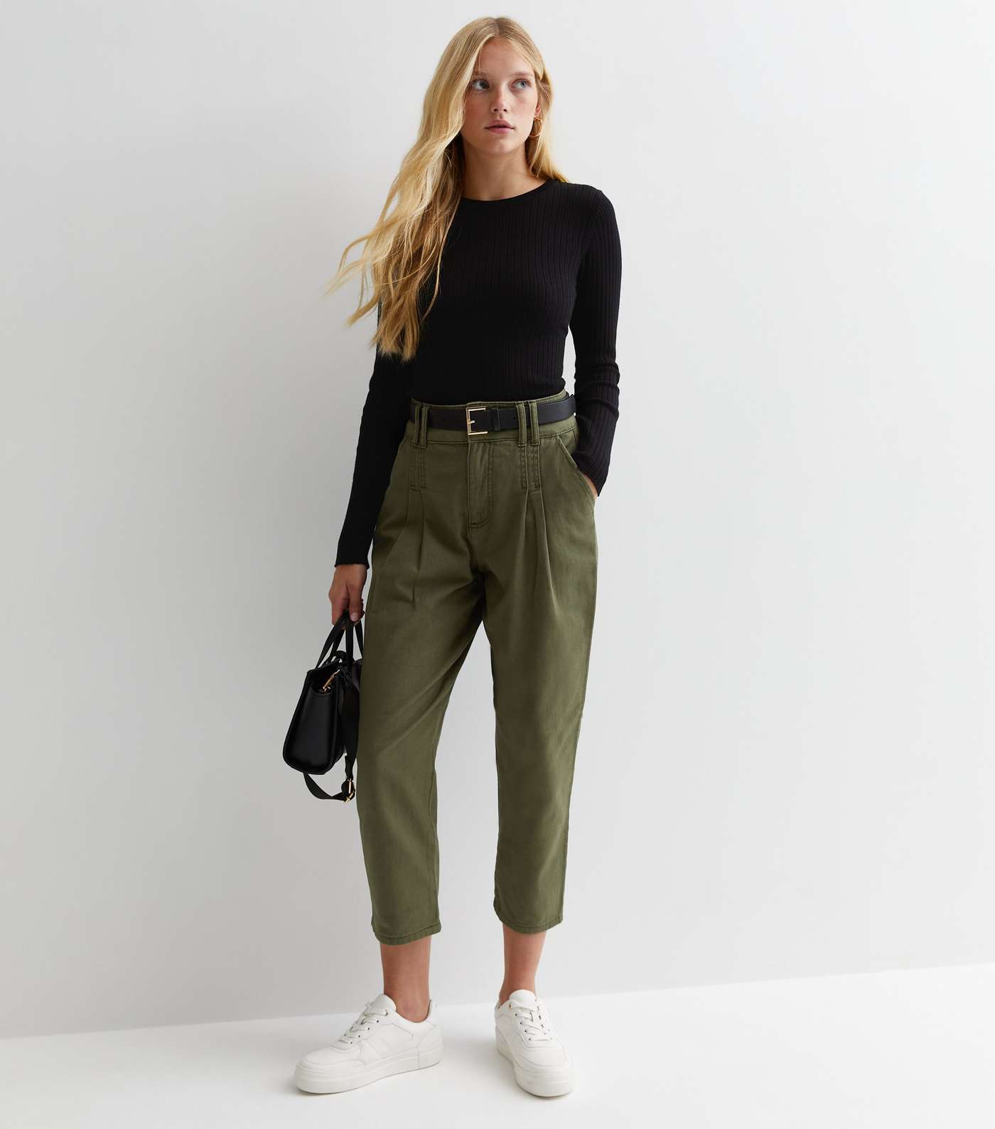 Petite Khaki Cotton Belted Crop Trousers