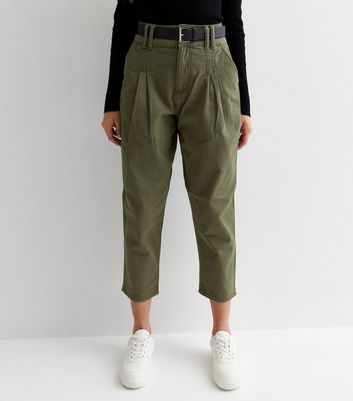 Petite Khaki Cotton Belted Crop Trousers New Look