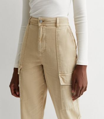Tall Stone Cotton Cuffed Cargo Trousers New Look