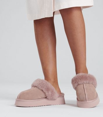 Loungeable Pink Real Sheepskin Platform Mule Slippers New Look