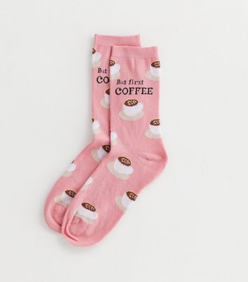 Mid Pink But First Coffee Socks New Look