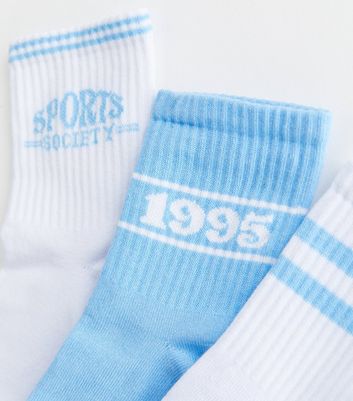 3 Pack Blue and White Ribbed Tube Socks New Look
