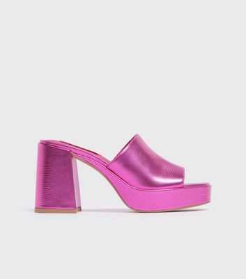 London Rebel Mid Pink Metallic Block Heel Mule Sandals New Look