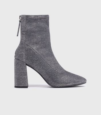 London Rebel Silver Glitter Pointed Block Heel Sock Boots New Look