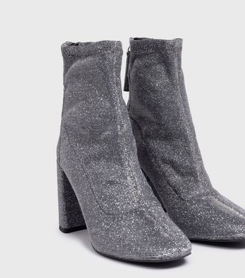 London Rebel Silver Glitter Pointed Block Heel Sock Boots New Look