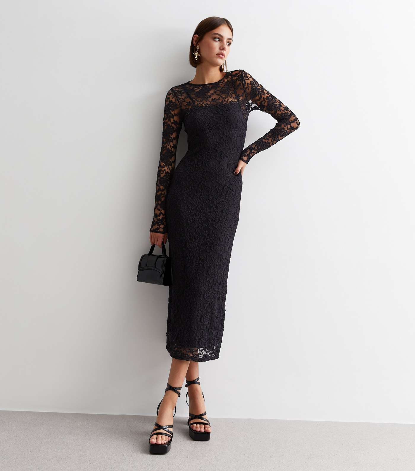 Black Lace Long Sleeve Bodycon Midaxi Dress Image 3