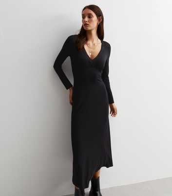 Black Jersey Lace Trim Midi Dress