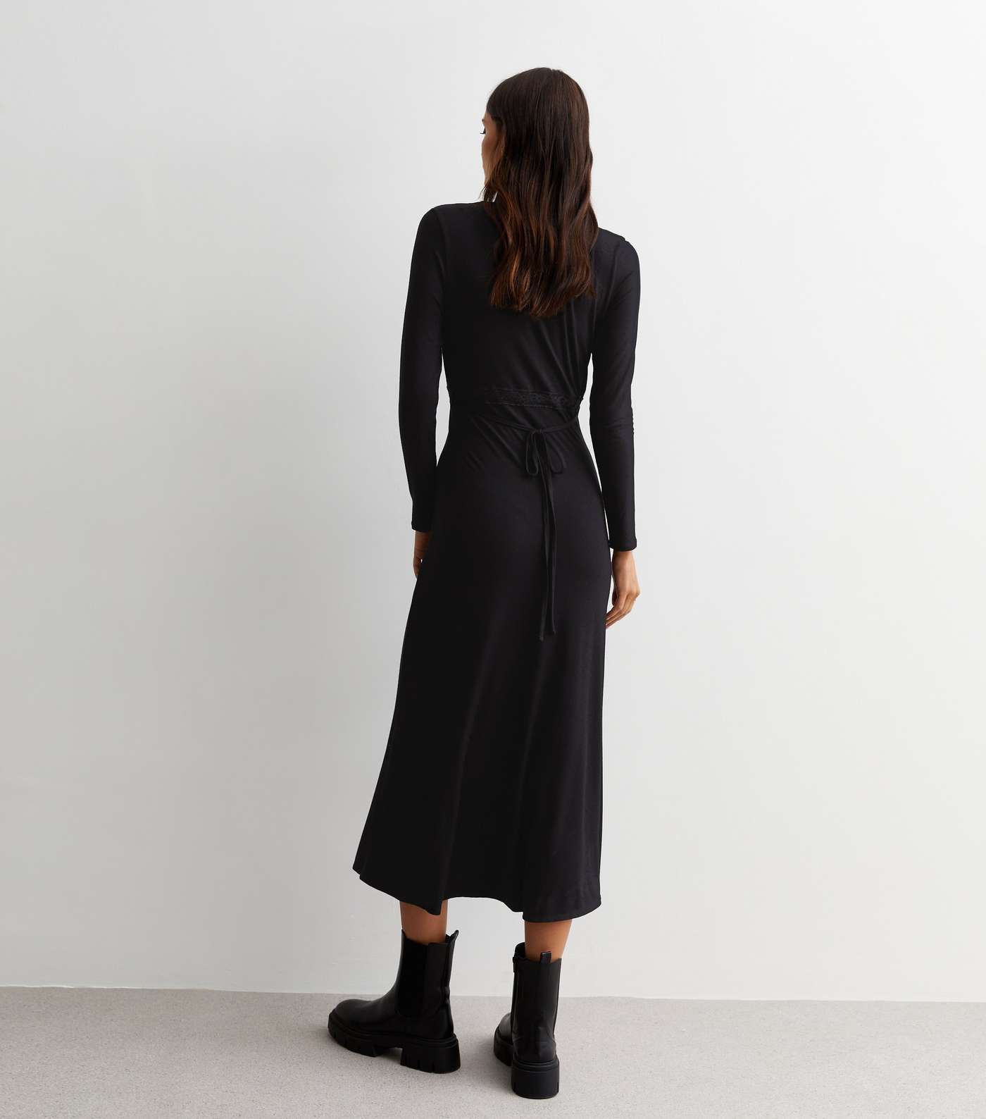 Black Jersey Lace Trim Midi Dress Image 4