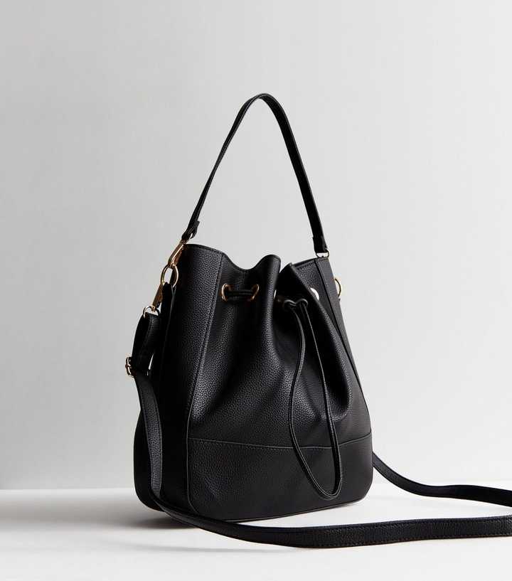 Black Leather-Look Drawstring Bucket Bag