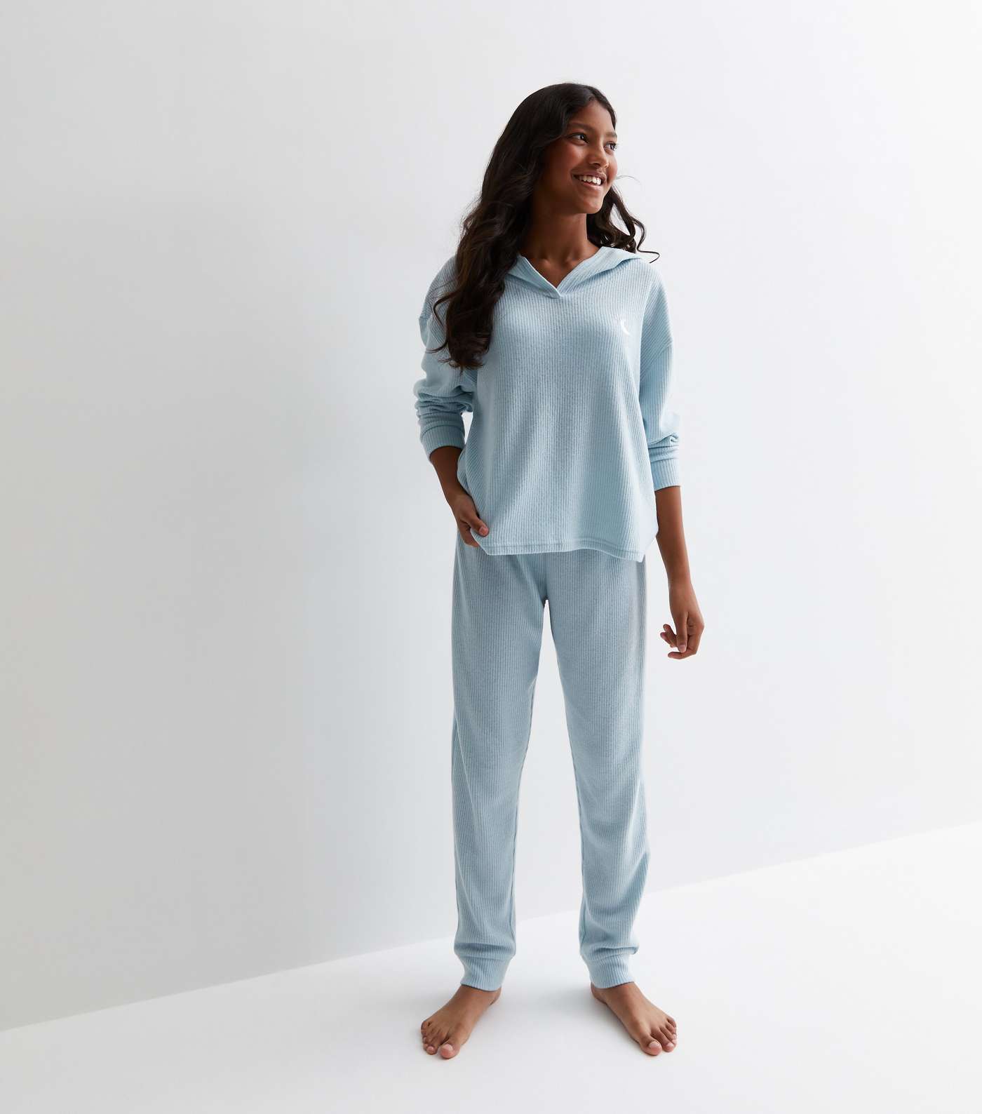Girls Blue Ribbed Jersey Jogger Pyjama Set