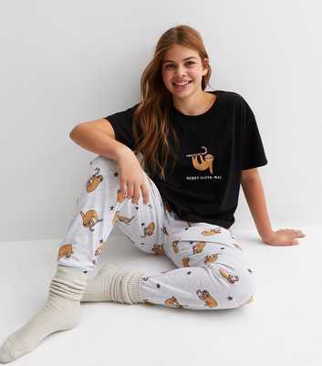 Girls Black Jogger Pyjama Set with Merry Sloth-Mas Logo