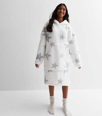 Girls White Star Print Fleece Oversized Blanket Hoodie