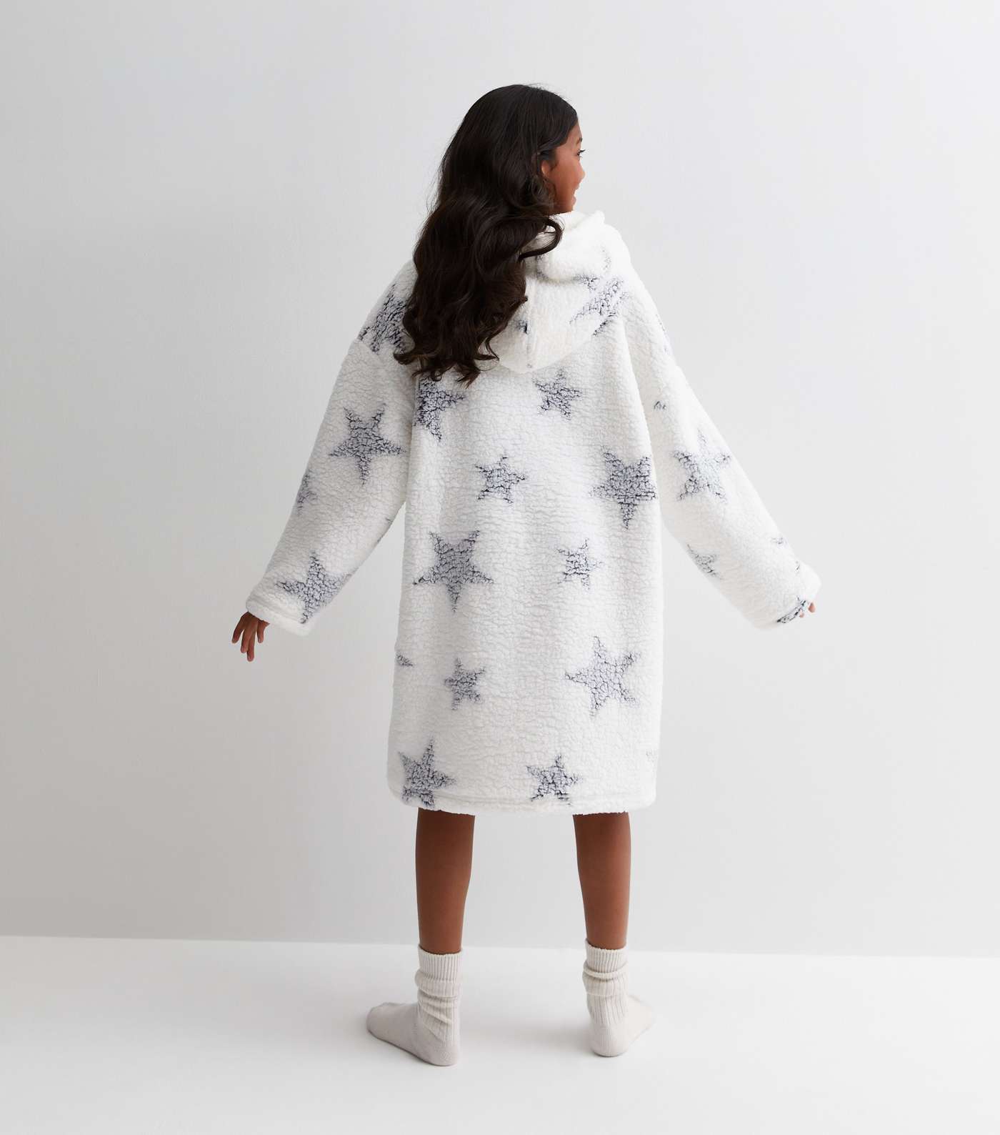 Girls White Star Print Fleece Oversized Blanket Hoodie Image 4