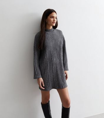 Dark Grey Cable Knit High Neck Mini Dress New Look
