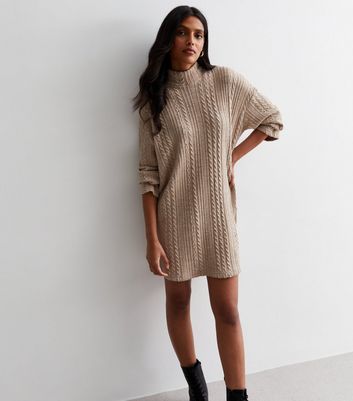 Stone Cable Knit High Neck Mini Dress New Look