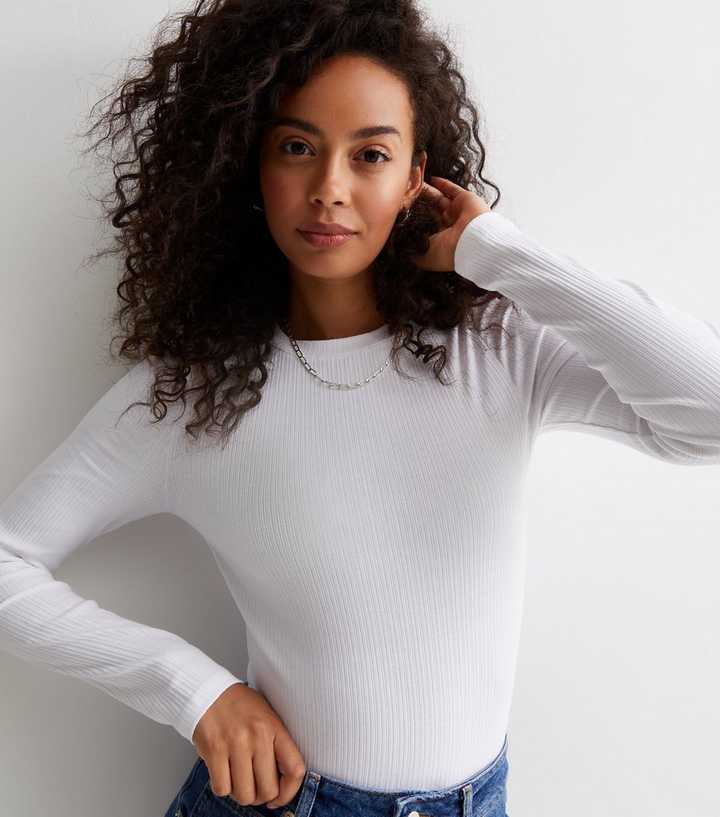 Tall White Ribbed Jersey Crew Neck Bodysuit