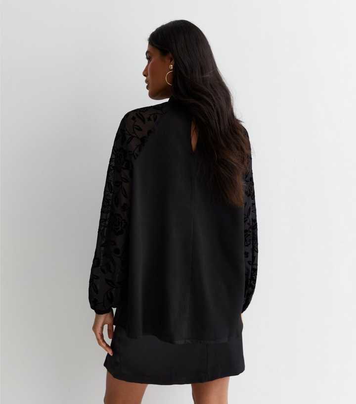 Flocked Lace Long-Sleeve Top Black, Tops & T-shirts