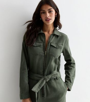 Khaki denim store utility jumpsuit