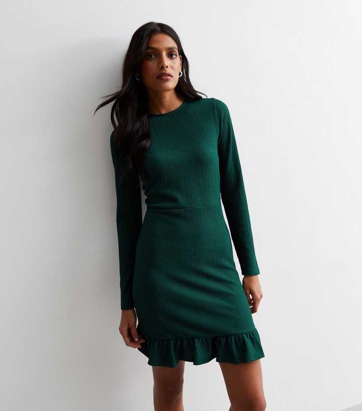 Dark Green Crinkle Frill Hem Mini Dress