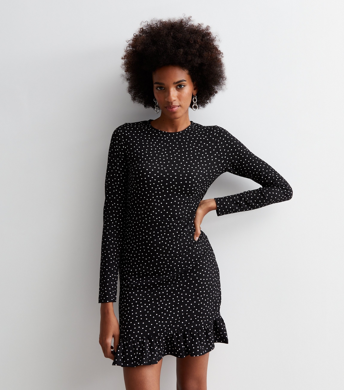 Women's Black Spot Crinkle Frill Hem Mini Dress New Look
