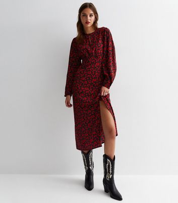 Red floral print midi clearance dress