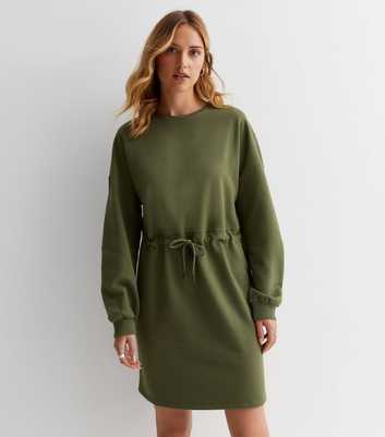 Khaki Jersey Drawstring Sweatshirt Mini Dress