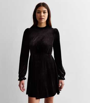 Tall Black Velvet Long Sleeve Mini Dress