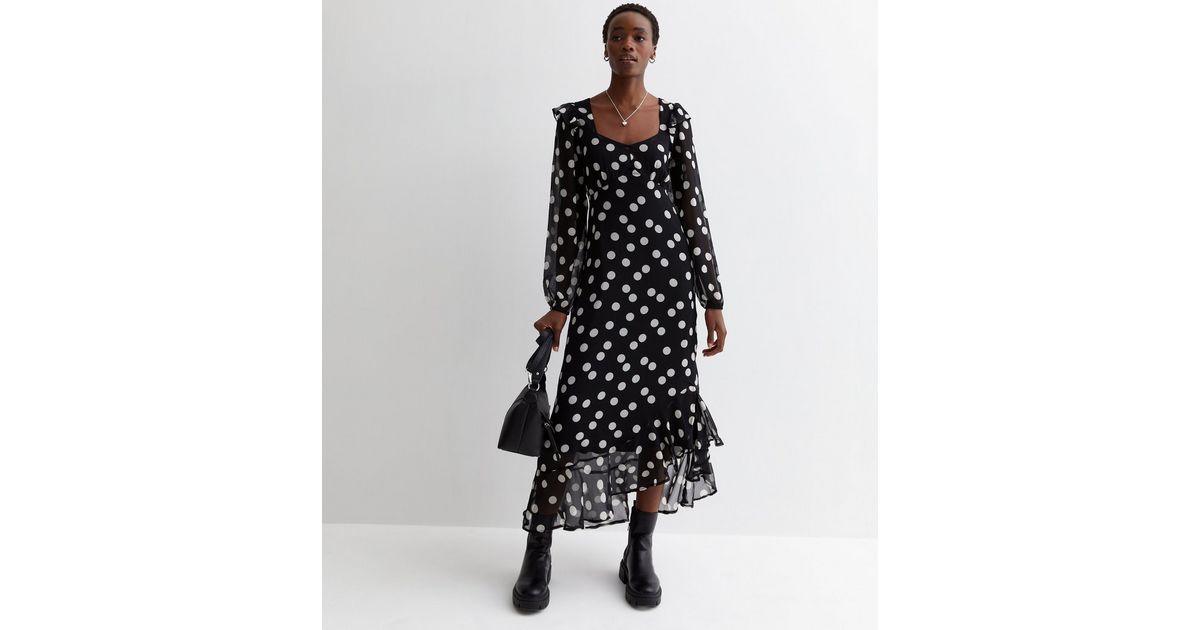 Tall Black Spot V Neck Ruffle Hem Midaxi Dress | New Look