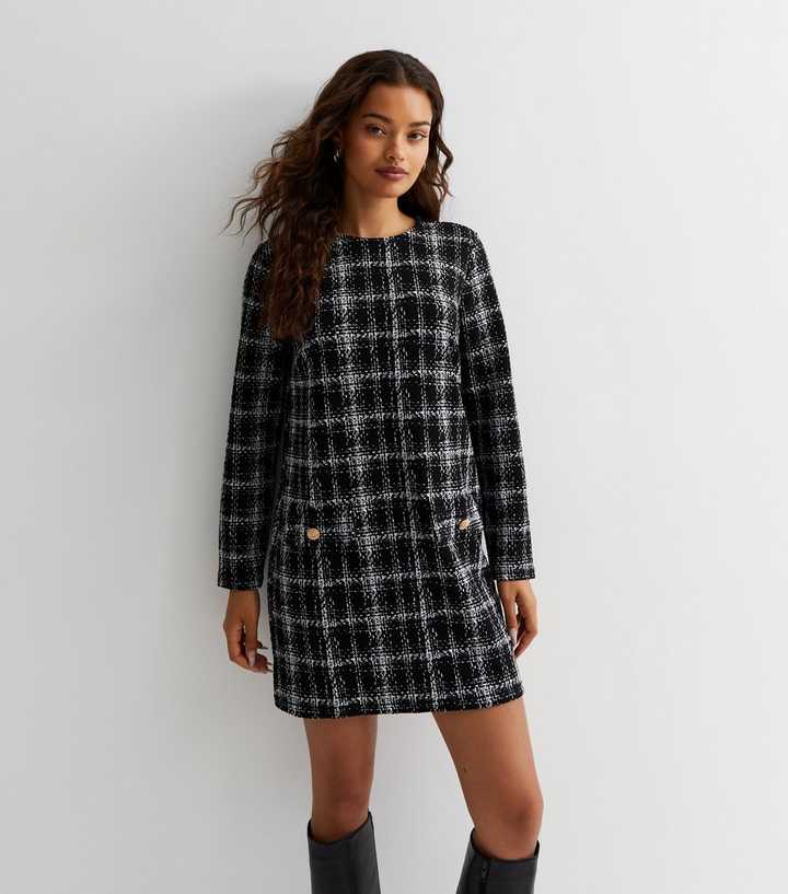 Petite Black Check Bouclé Long Sleeve Mini Dress