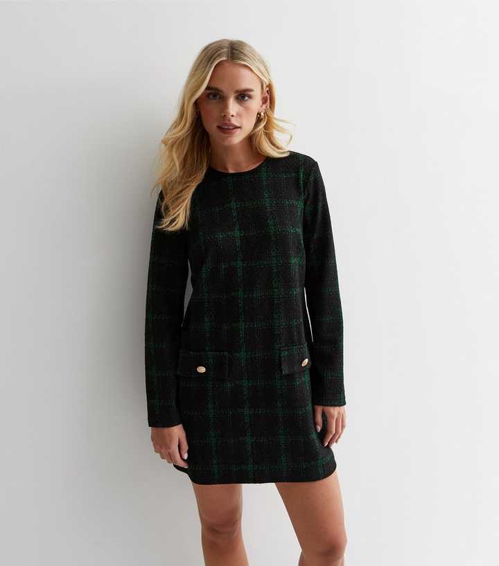 Petite Green Check Boucl Long Sleeve Mini Dress | New Look Petite Green Check Boucl Long Sleeve Mini Dress | New Look