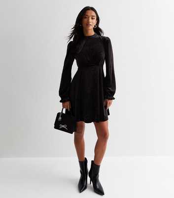 Petite Black Velvet Long Sleeve Mini Dress