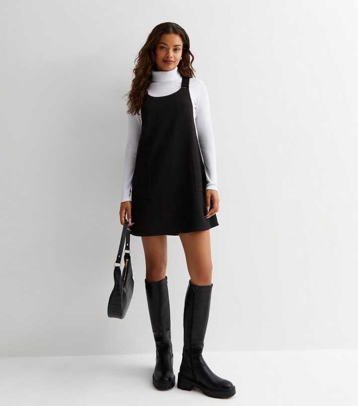 Petite Black Crepe Mini Pinafore Dress