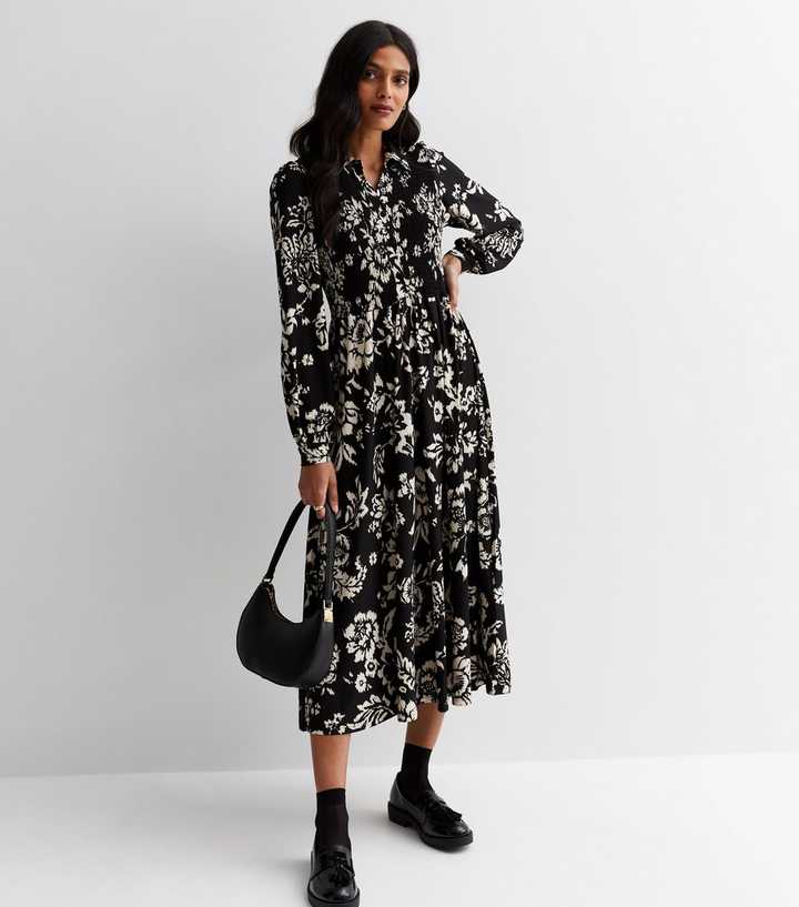 Blue Vanilla Black Floral Shirred Midi Shirt Dress