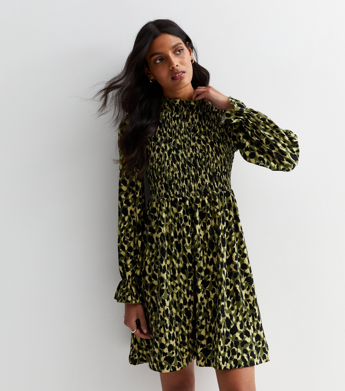 Women's Green Animal Print Shirred Smock Mini Dress Blue Vanilla New Look