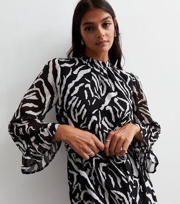 Gini London Black Zebra Print Frill Sleeve Belted Mini Dress New Look