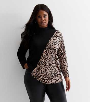 Curves Black Colour Block Leopard Print Fine Knit Top