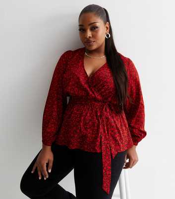 Curves Red Ditsy Floral Crepe Wrap Top
