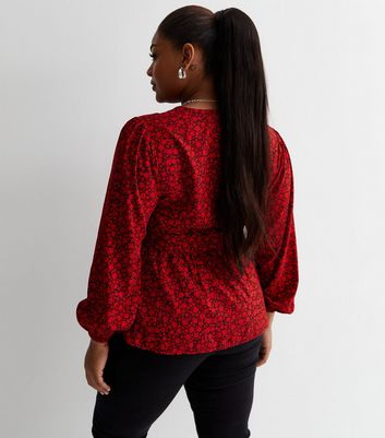 Curves Red Ditsy Floral Crepe Wrap Top New Look
