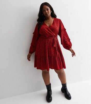 Curves Red Floral Frill Sleeve Wrap Mini Smock Dress New Look