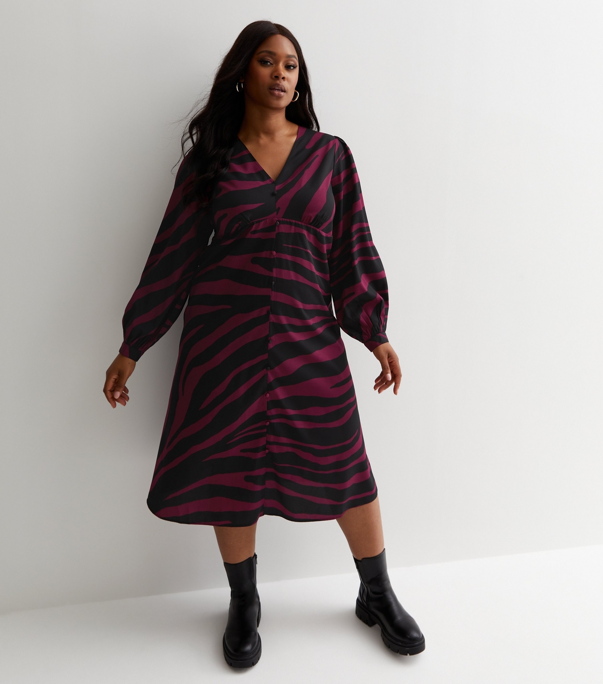 Women's Plus Size Red Animal Print Puff Sleeve Midi Dress Curves New Look