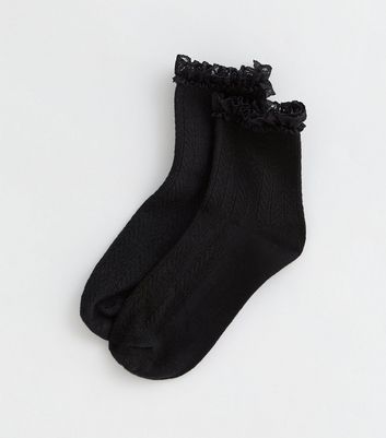Black Cable Frill Ankle Socks | New Look