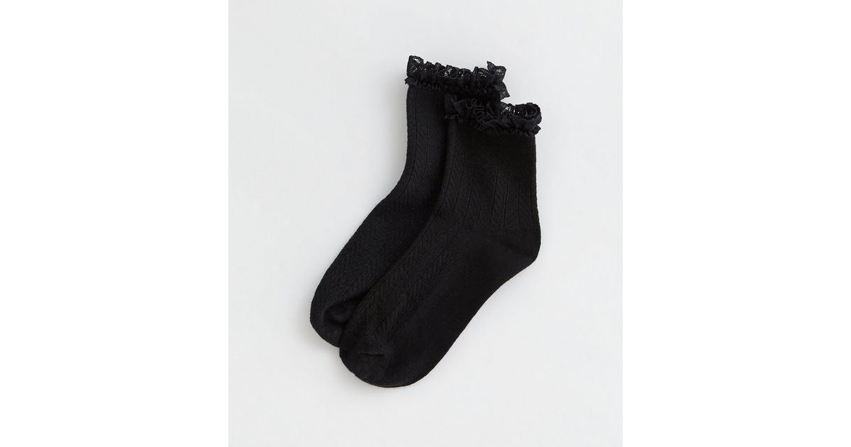 Black Cable Frill Ankle Socks | New Look