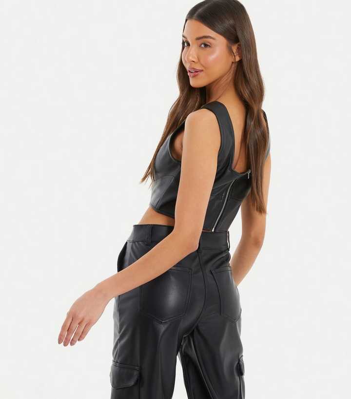 QUIZ Black Leather-Look Corset Crop Top