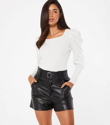 QUIZ Black Leather-Look Belted Shorts New Look