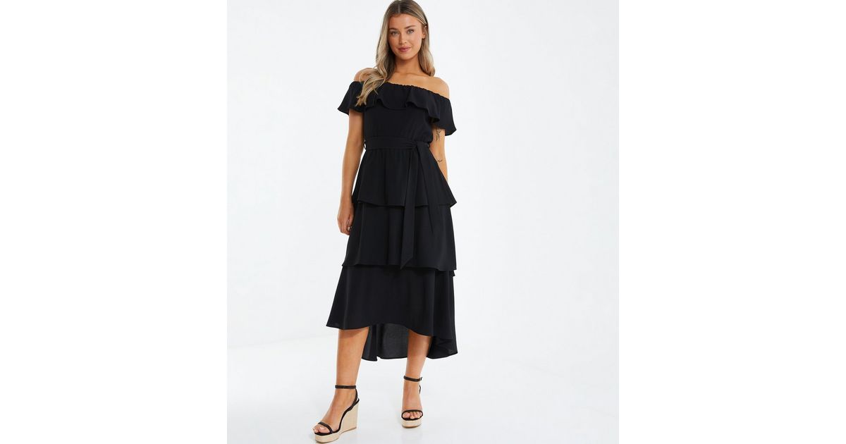 QUIZ Black Bardot Tiered Dip Hem Midi Dress | New Look