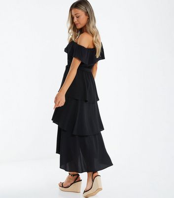QUIZ Black Bardot Tiered Dip Hem Midi Dress New Look